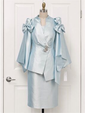 G.M.I. Womens 2-Piece Skirt Suit Set Light Blue Satin Bow Sleeve Jacket Size 8